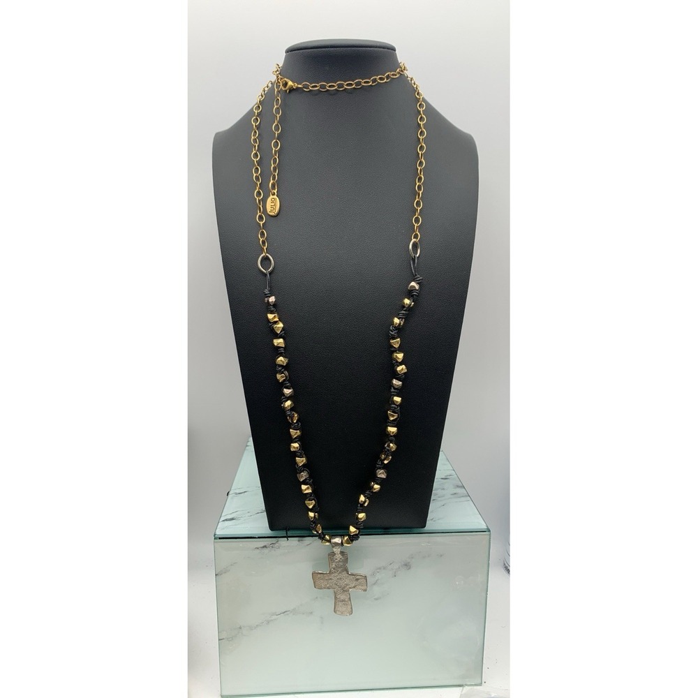 Julio Designs Brutalist Cross Pendant And Gold Tone Corded Beaded Necklace 35"